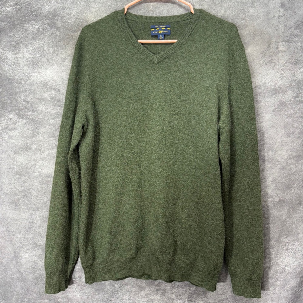 Club Room 100% Cashmere Sweater Jumper Men's Size M Olive Green V-Neck Heritage